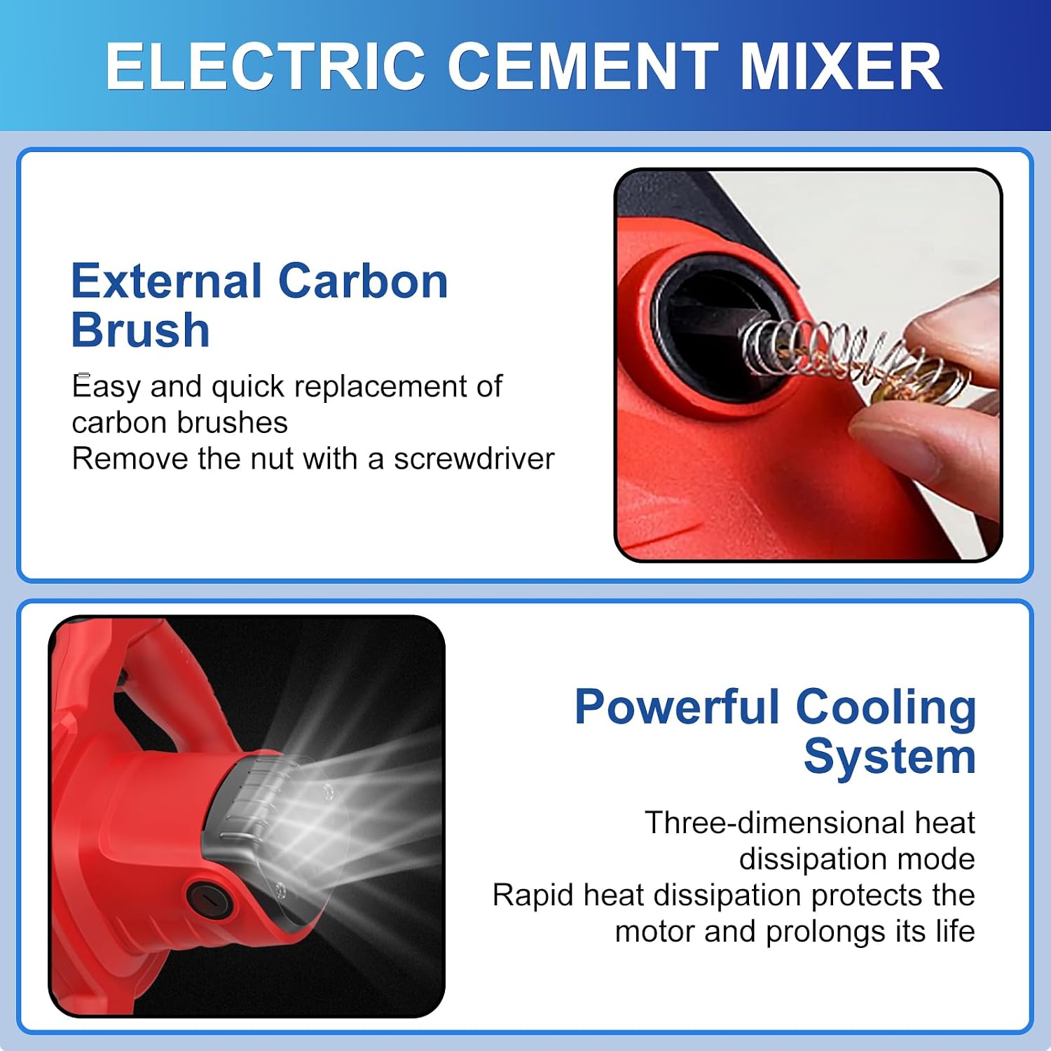 Electric Handheld Cement Mixer, 2pcs Mixing Heads Included, Portable Mortar Mixer with 6 Adjustable Speed, 110V Mud
