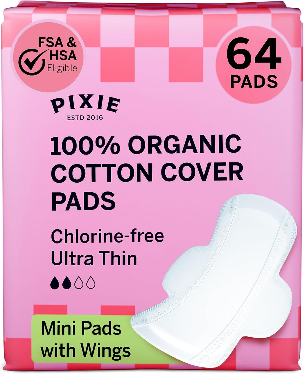 Pixie Organic Pads Cotton Ultra Thin Mini Pads for Teens - Liners with Wings - Light Absorbency Menstrual Pads