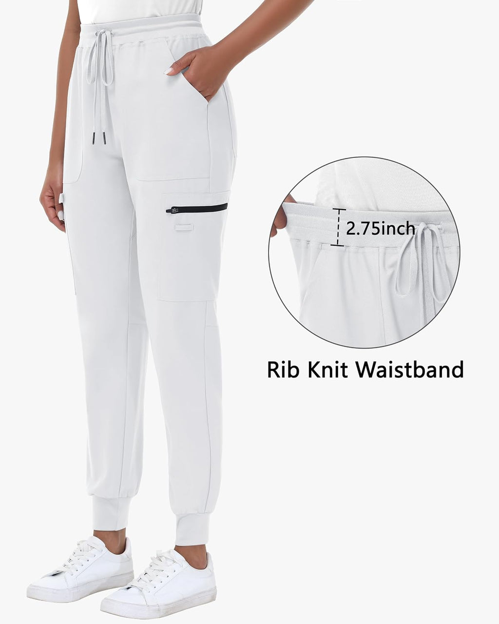 High Waisted Jogger Style Scrub Pants Petite White