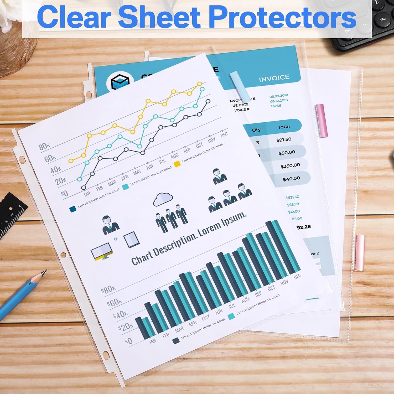6 Set of 48 Pack Clear Sheet Protectors with 8 Tab Dividers for 3 Ring Binder, Letter Size 8.5 x 11 Plastic Page
