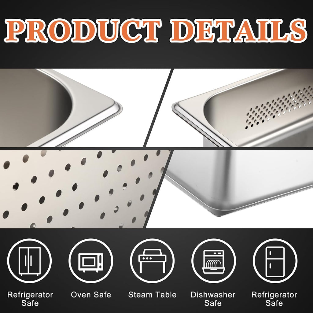 2 Pack Perforated Hotel Pans Set, Full Size, 6 Inches, 8 Inches