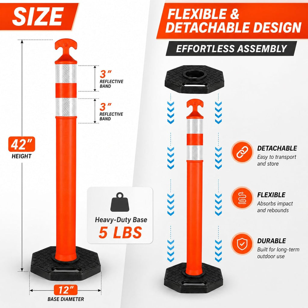 42" Traffic Delineator Posts,3 Pack Orange Safety Cones with Reflective Collars and Weighted Base for Road Safety
