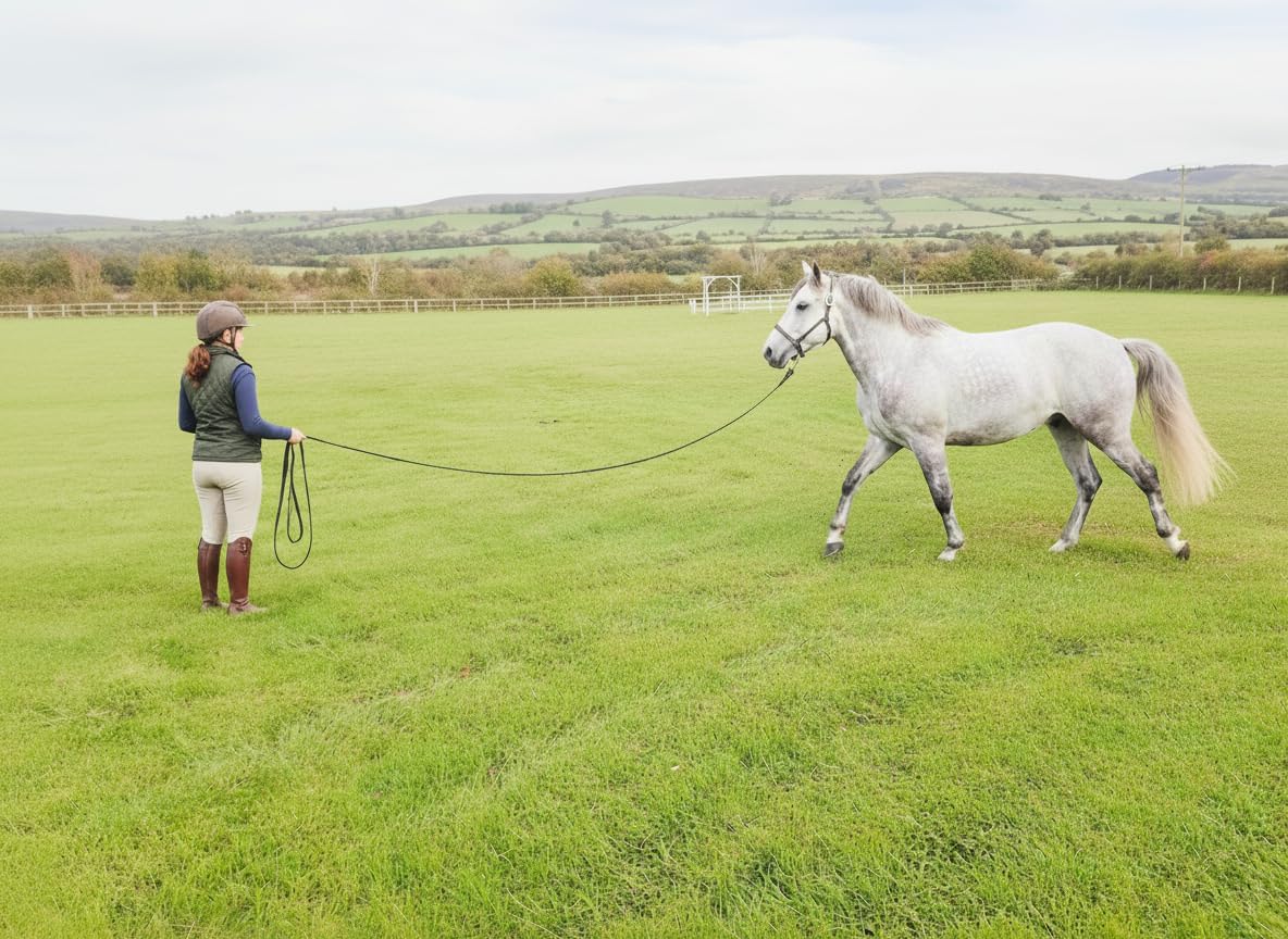 Soft Padded Lunge Line Rein Lead for Horses 27ft Long Looped Handle Swivel Clip (Navy/Green)