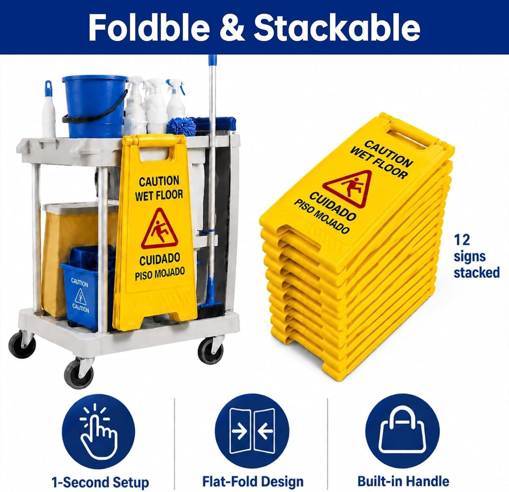 24 Inches Caution Wet Floor Sign - 12 Pack Double Sided, Bilingual Warning Floor Signs for Commercial Use, Foldable