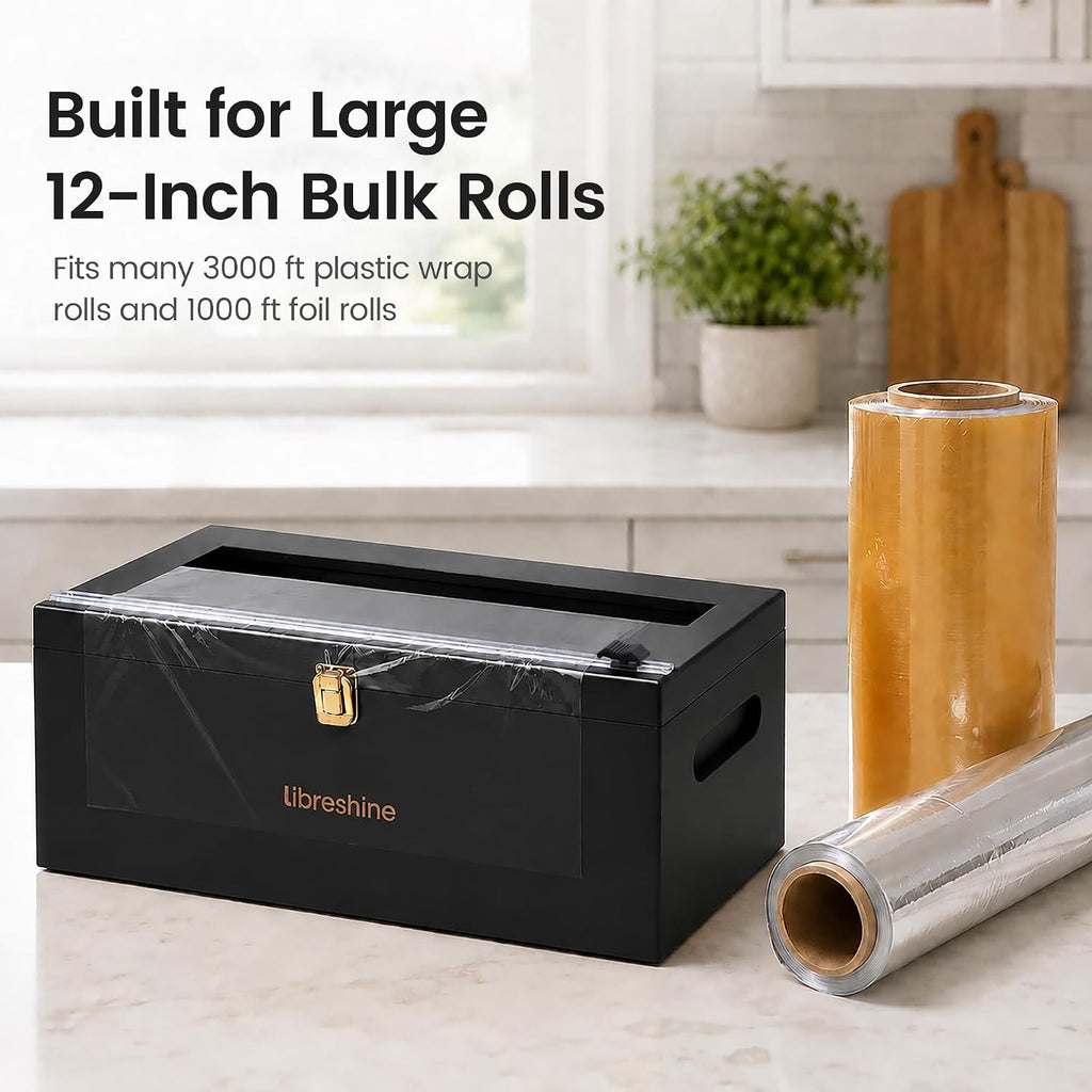 12-Inch Bamboo Plastic Wrap Dispenser with Cutter, Black