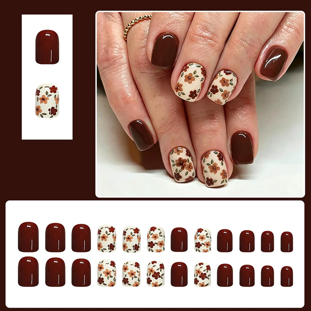 Fall Brown Press On Nails Short Square Fake Nails Autumn Floral False Nails