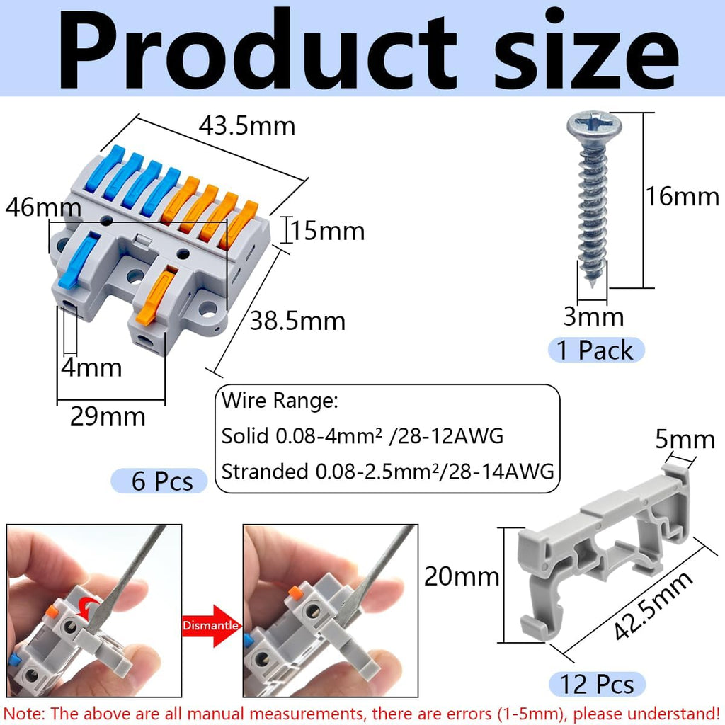 CESFONJER 2-in-8-out Compact Terminal Blocks (6 Sets), Lever Wire Splicing Connectors, 2 Input 8 Output, DIN Rail & Screw Fix, 28-12AWG, Includes Mounts & Screws