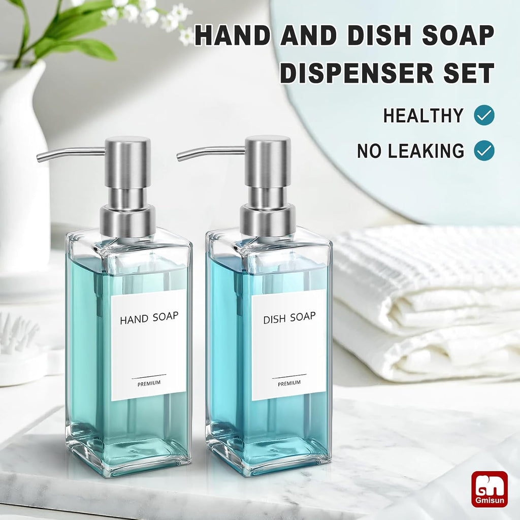 Glass Soap Dispenser with Stainless Steel Pump, Clear Hand Soap Dispenser for Bathroom, 12 fl oz/350ml Hand and Dish