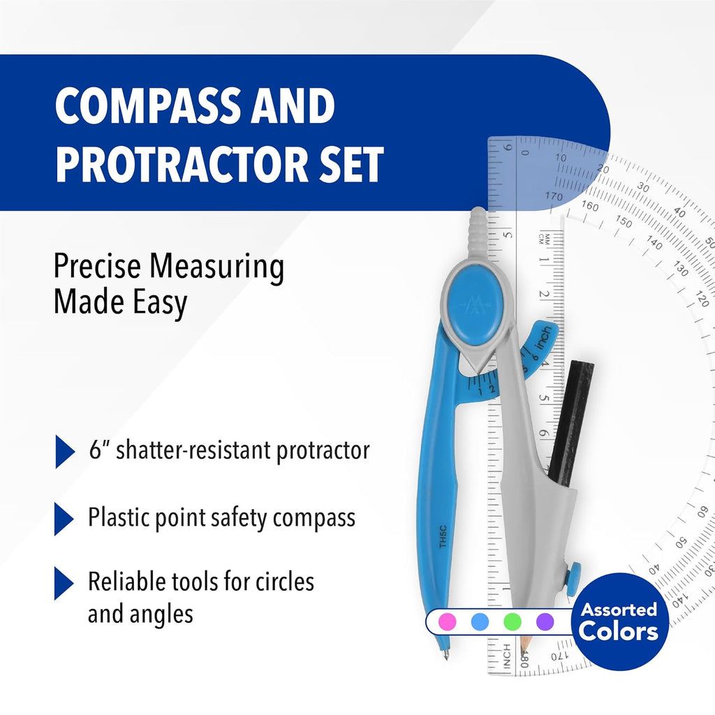 Compass and Protractor Math and Geometry Set, Essential School Supplies, Plastic Compass for Circles Up to 13-Inches