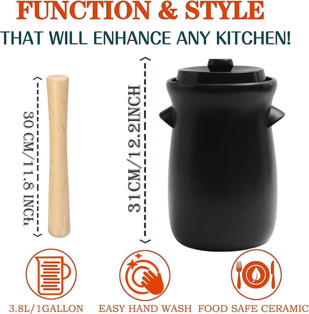 Fermentation Crock 3.8Liter/1 Gallon Stoneware Pot for Fermenting, Pickling Kimchi, Pickles, Vegetables, Kombucha