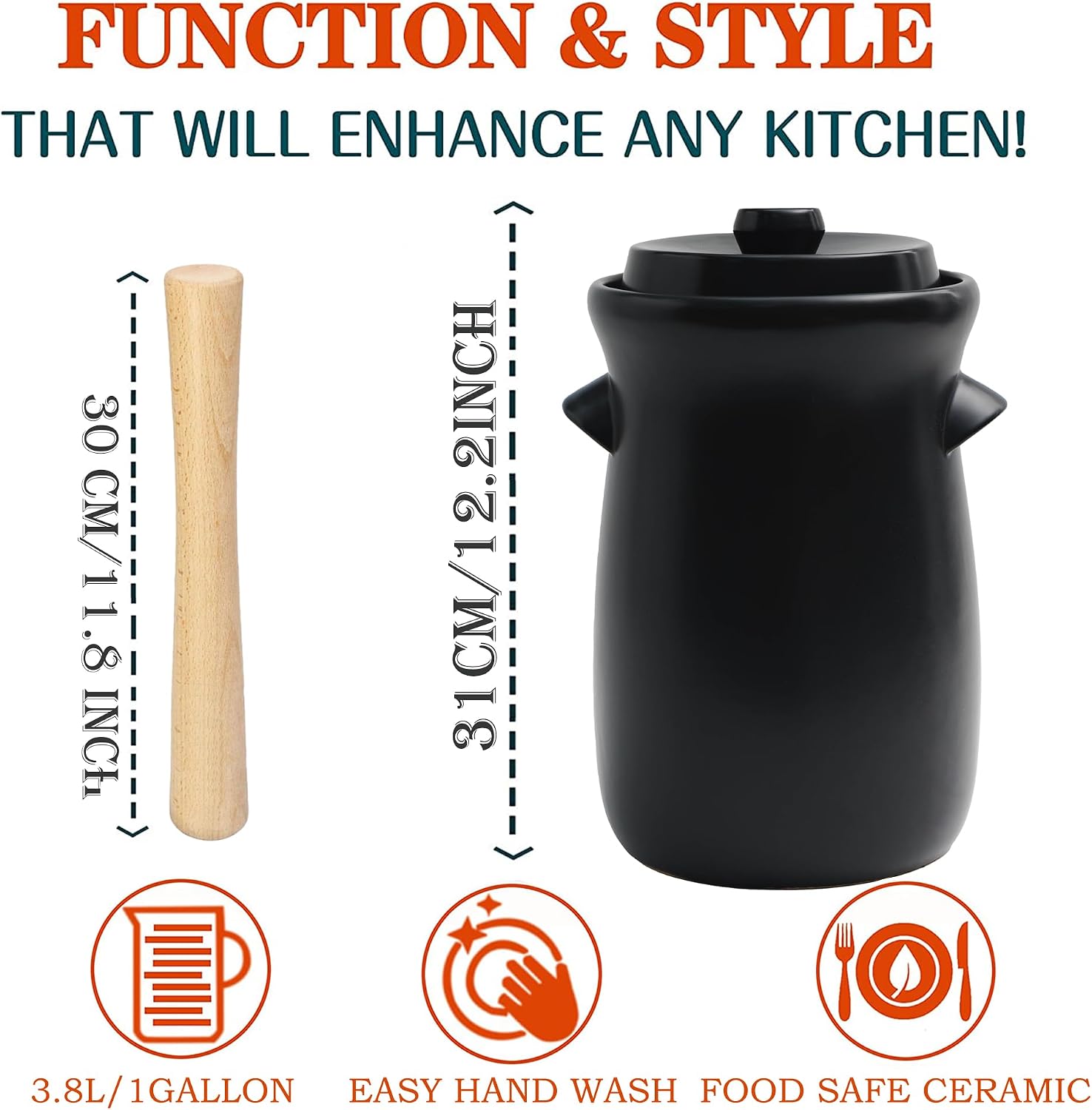 Fermentation Crock 3.8Liter/1 Gallon Stoneware Pot for Fermenting, Pickling Kimchi, Pickles, Vegetables, Kombucha