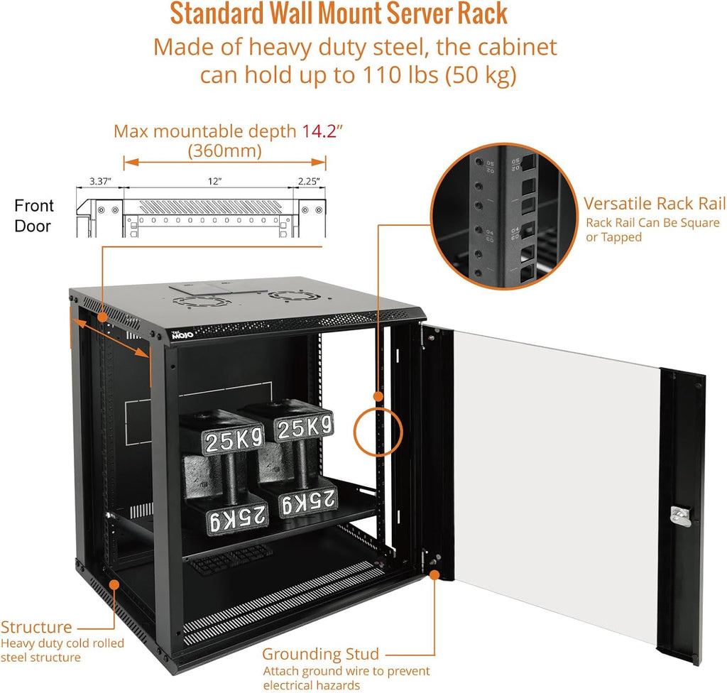 Tecmojo 12U Wall Mount Server Cabinet IT Network Rack Enclosure Lockable Door and Side Panels Black,Cooling Fan,Glass Door,17.7inch Depth,for 19” IT Equipment,A/V Devices
