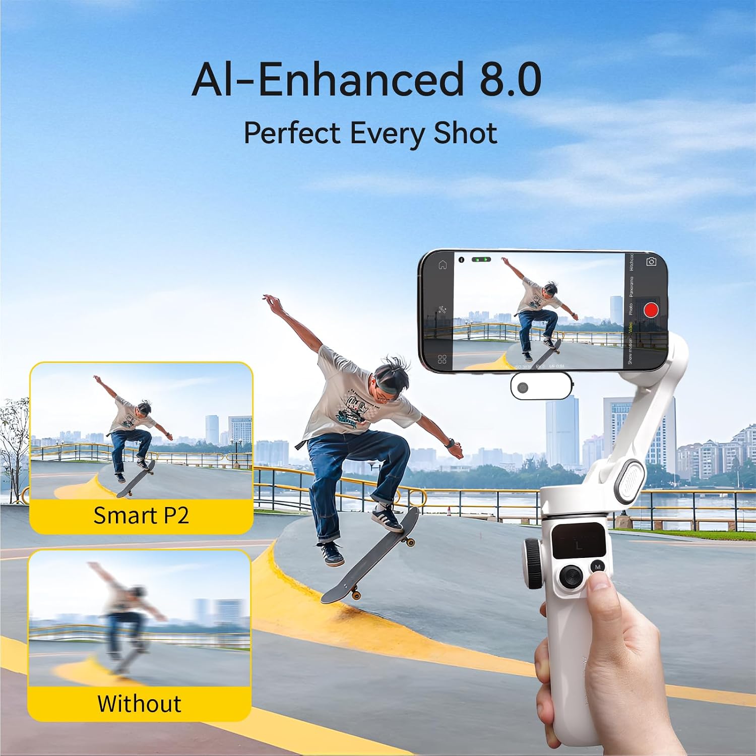 3-Axis Phone Gimbal for iPhone, Gimbal Stabilizer with AI Auto 360°Pan Tracking, Built-in Extension Rod, Fill Light