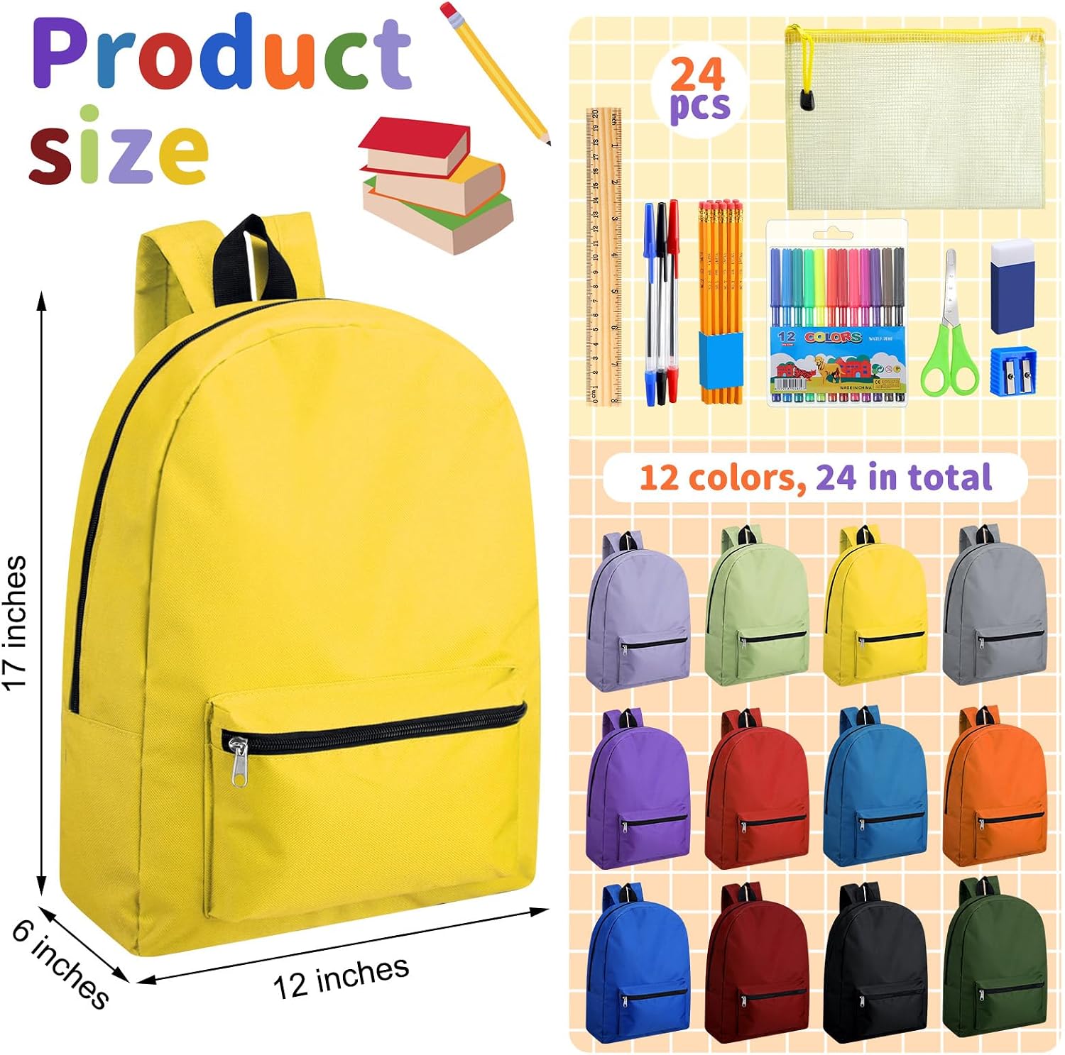 24 Pack 17'' Backpacks Bulk with 24 Stationery Supply Sets, Bookbags and Writing Accessories Kit for