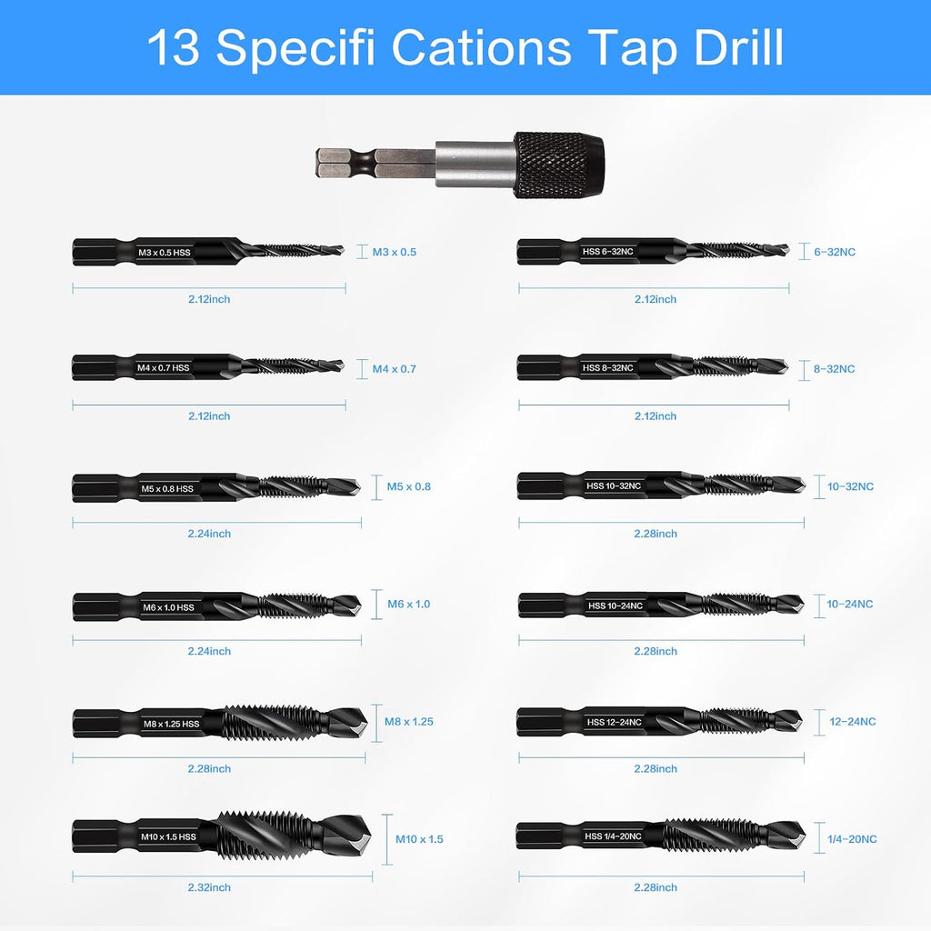 Drill & Tap Bits Set of 13 pcs - 6 SAE Sizes: 6-32NC to 1/4-20NC, 6 Metric Sizes: M3 to M10 and a Quick-Change Adapter – Combine Drilling Tapping Threading Countersinking Functions in One Bit, Black