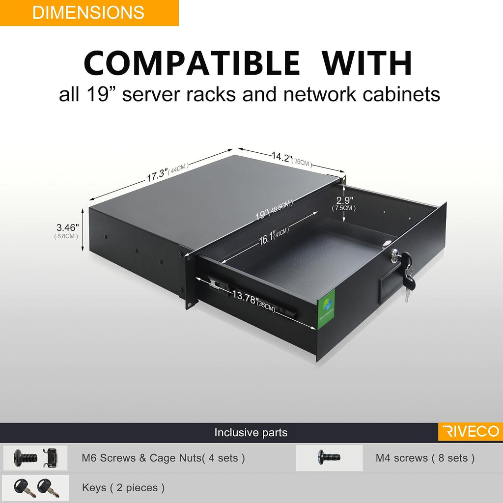 RIVECO 2U Rack Drawer Rack Mount Drawer for 19” Network Equipment & Server Rack Cabinet Lockable Deep Drawer with Key Black