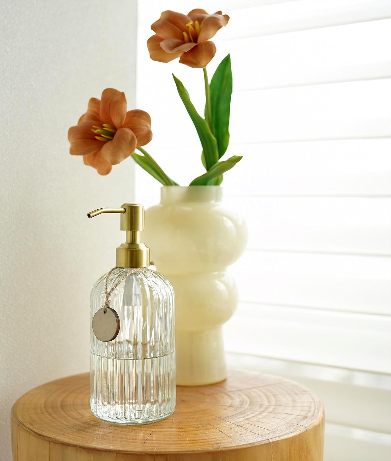 2PACK 18Oz Fluted Glass Soap Dispenser with Golden Rust Proof Pump | Refillable Kitchen Soap Dispenser with Vertical