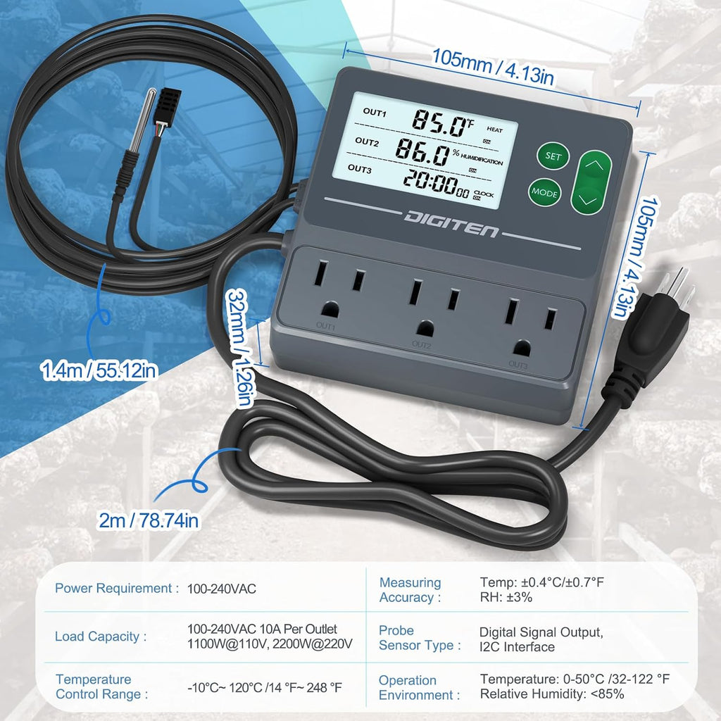 Temperature and Humidity Controller with Timer,3 Outlet Dual Probes | 3-Stage Outlet Control Temp,Humidity & Timer