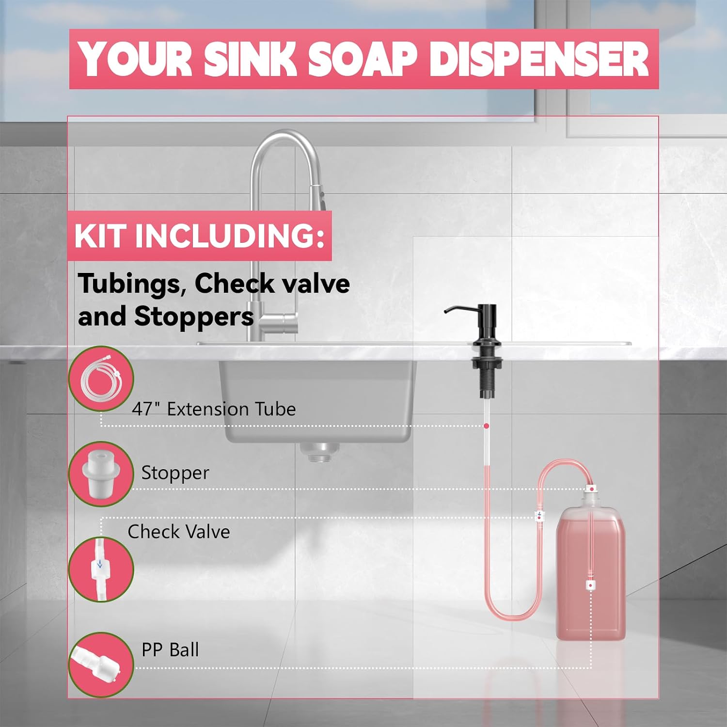 Sink Soap Dispenser, OHiHi Kitchen Sink Soap Dispenser with 47" Extension Tube, Wide Pump Head Base, No Water