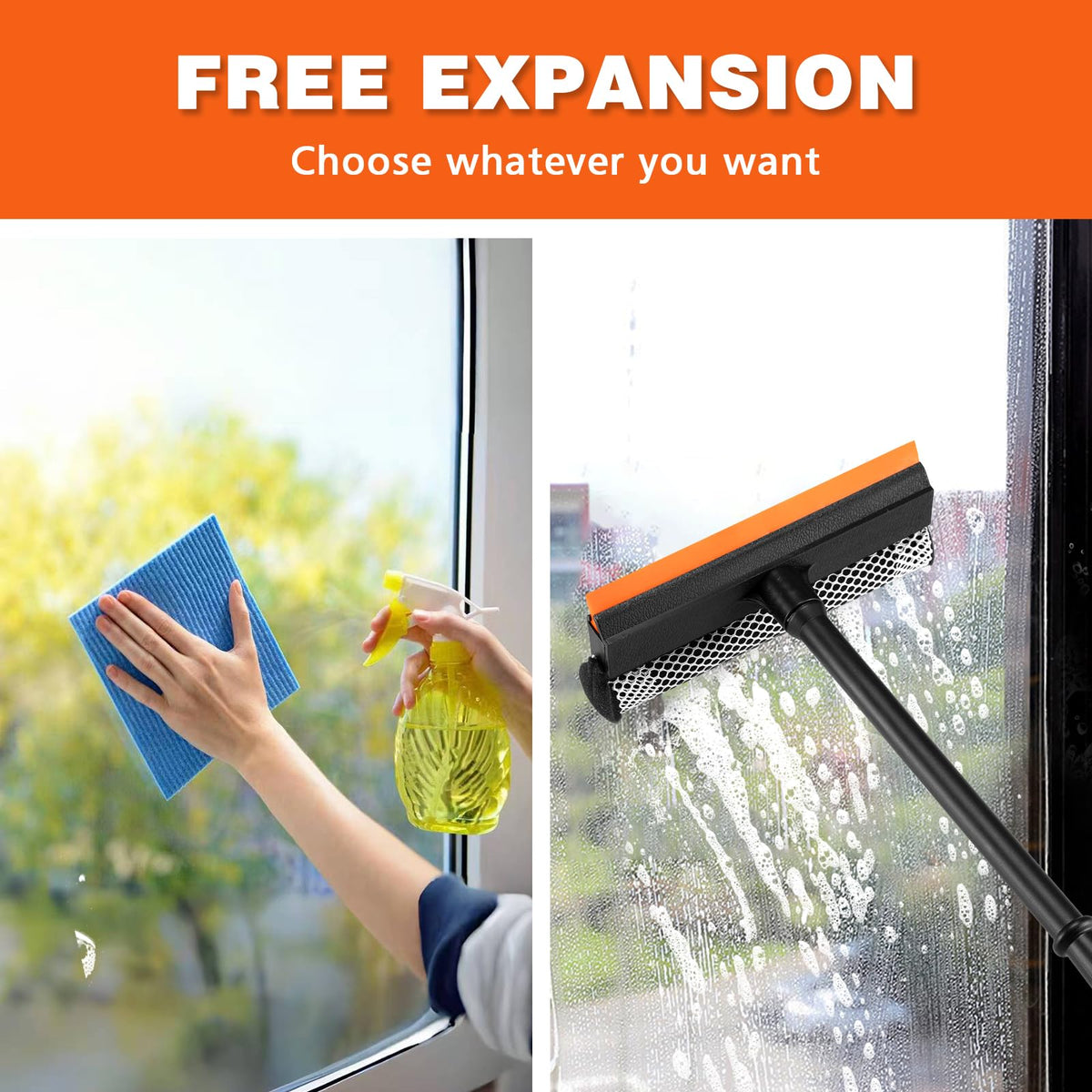 2 in1 Window Squeegee for Car, Window Cleaner with 16inch Long Handle,Sponge Car Window Squeegee for Gas Station