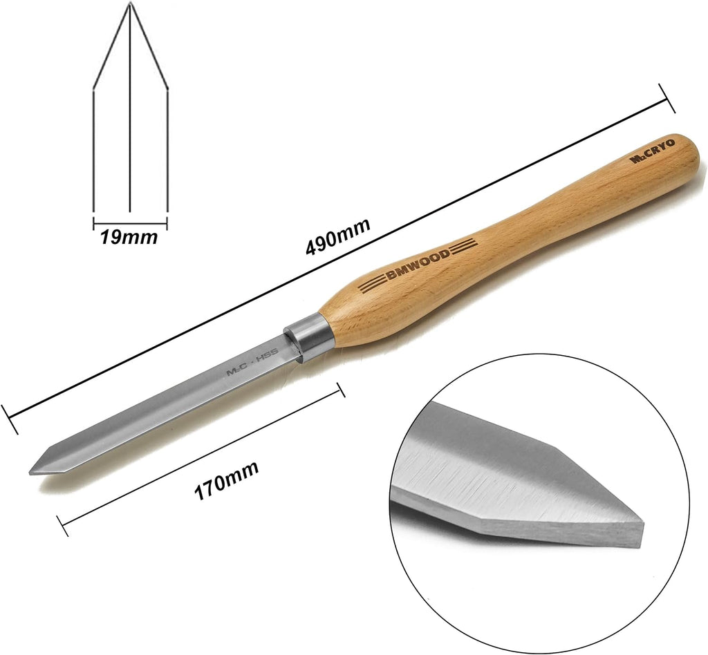 Cryo M2 HSS Diamond Parting Tool 3/16" with 12-1/2" Beech Handle for Woodturning Chisels