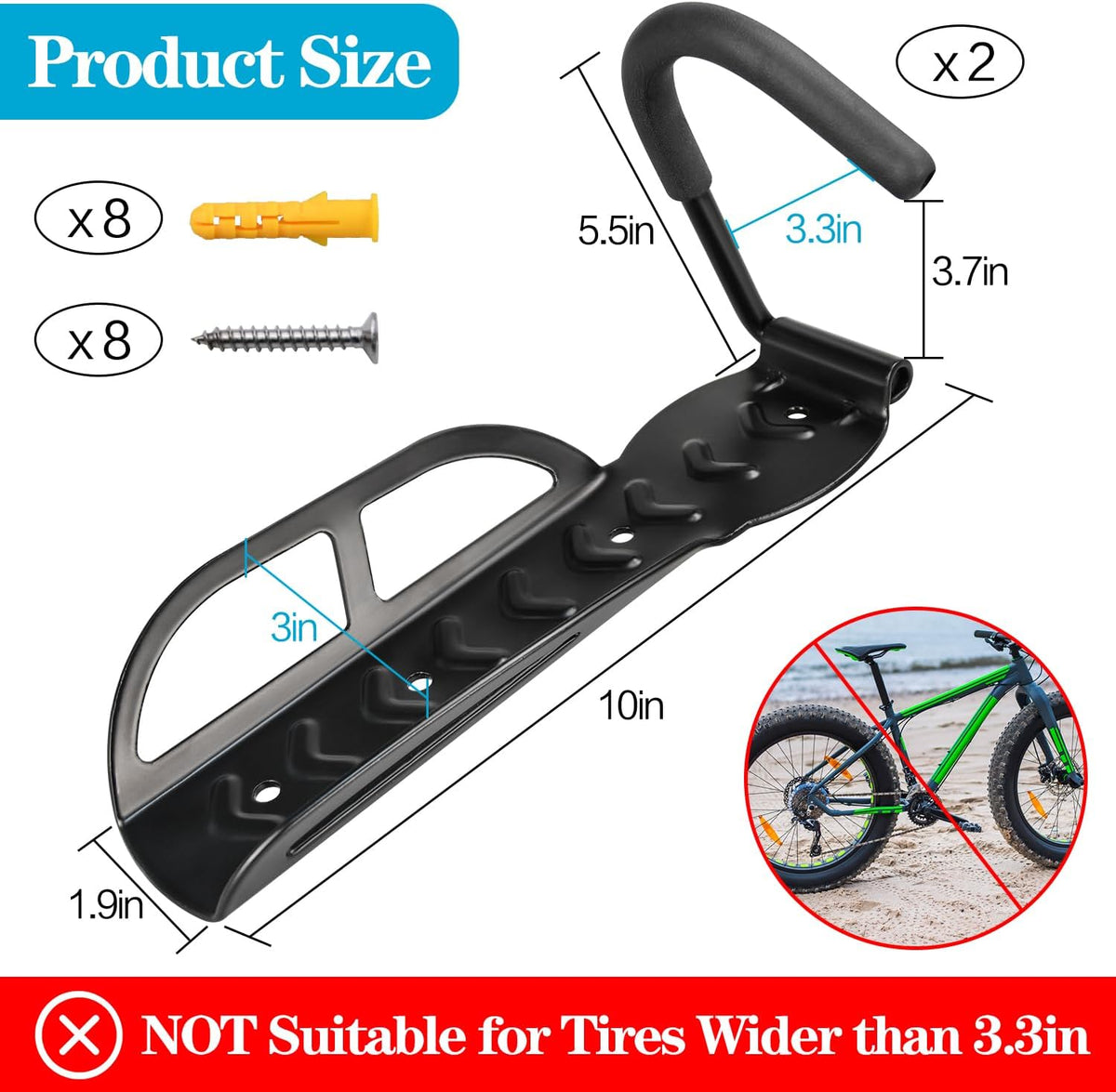 2 Pack Bike Rack Garage Wall Mount, Wall Mount Bike Rack with Screws, Heavy Duty Steel Vertical Bike Hook Holds Up to
