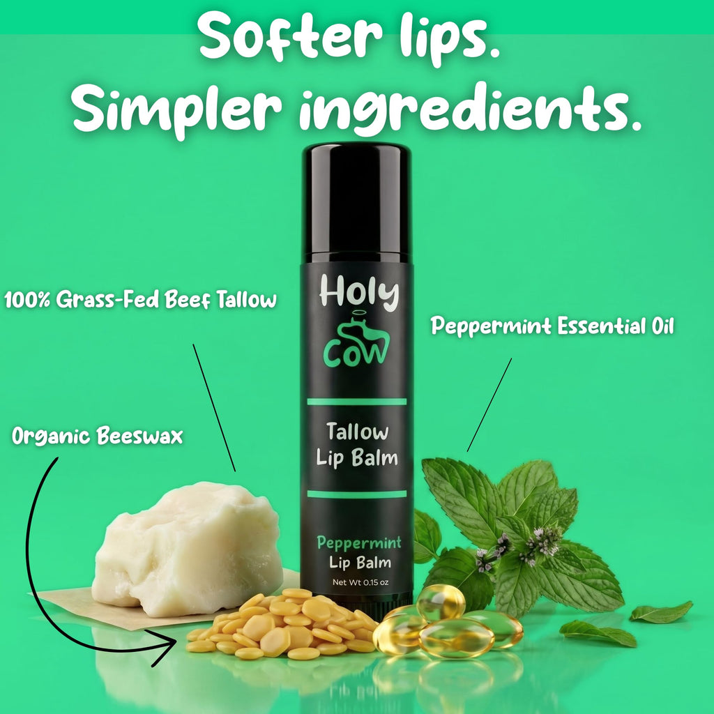 Grass Fed Beef Tallow Lip Balm for Dry Lips (Peppermint)