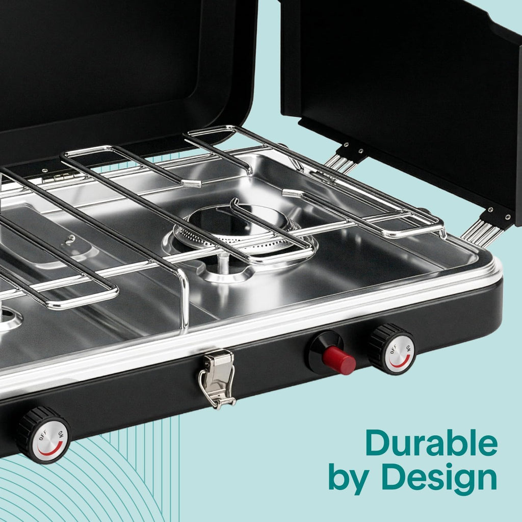 Camping Stove 2 Burner Propane Portable Camp Stove 24,400 BTU with Wind Guards Adjustable Burners Push Button