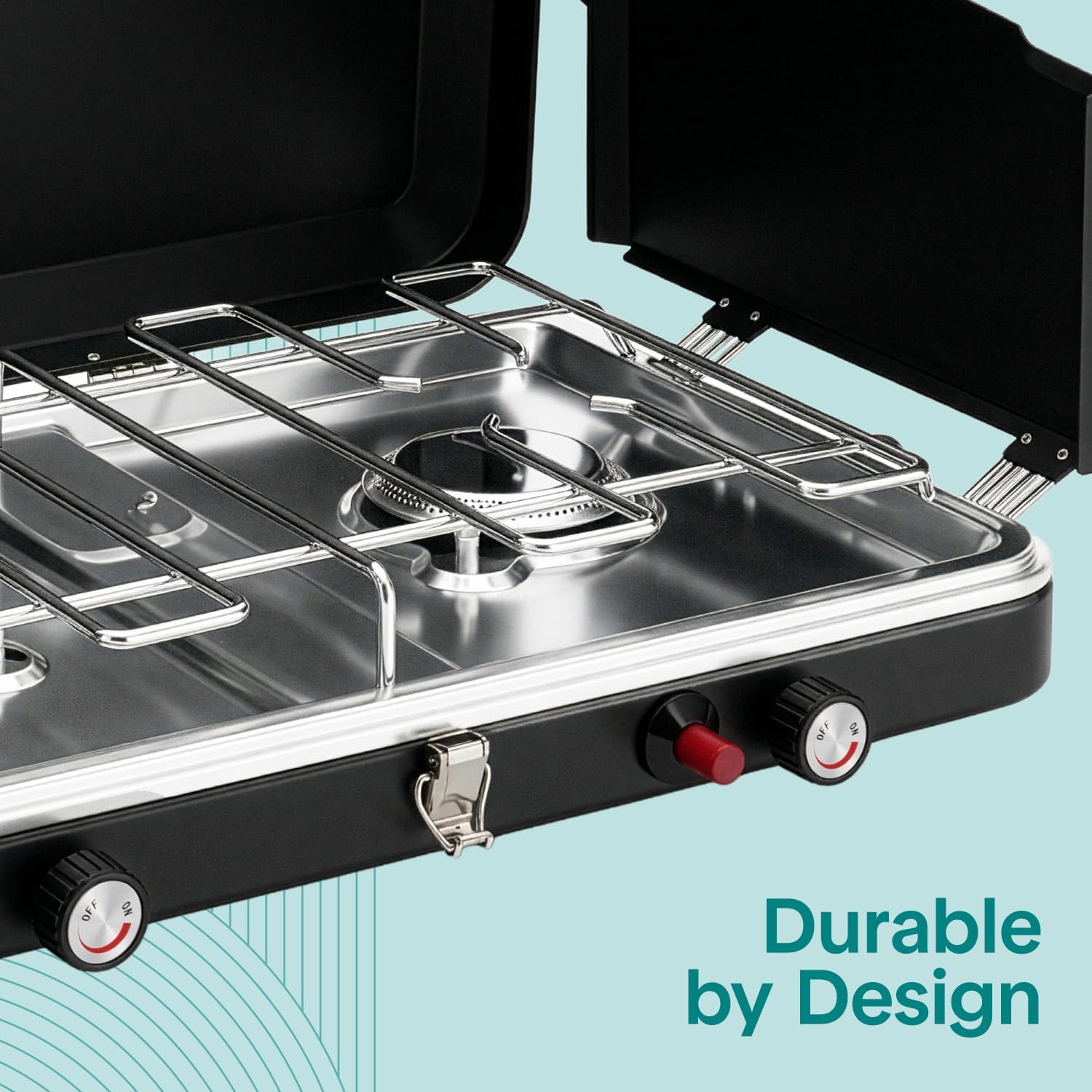Camping Stove 2 Burner Propane Portable Camp Stove 24,400 BTU with Wind Guards Adjustable Burners Push Button