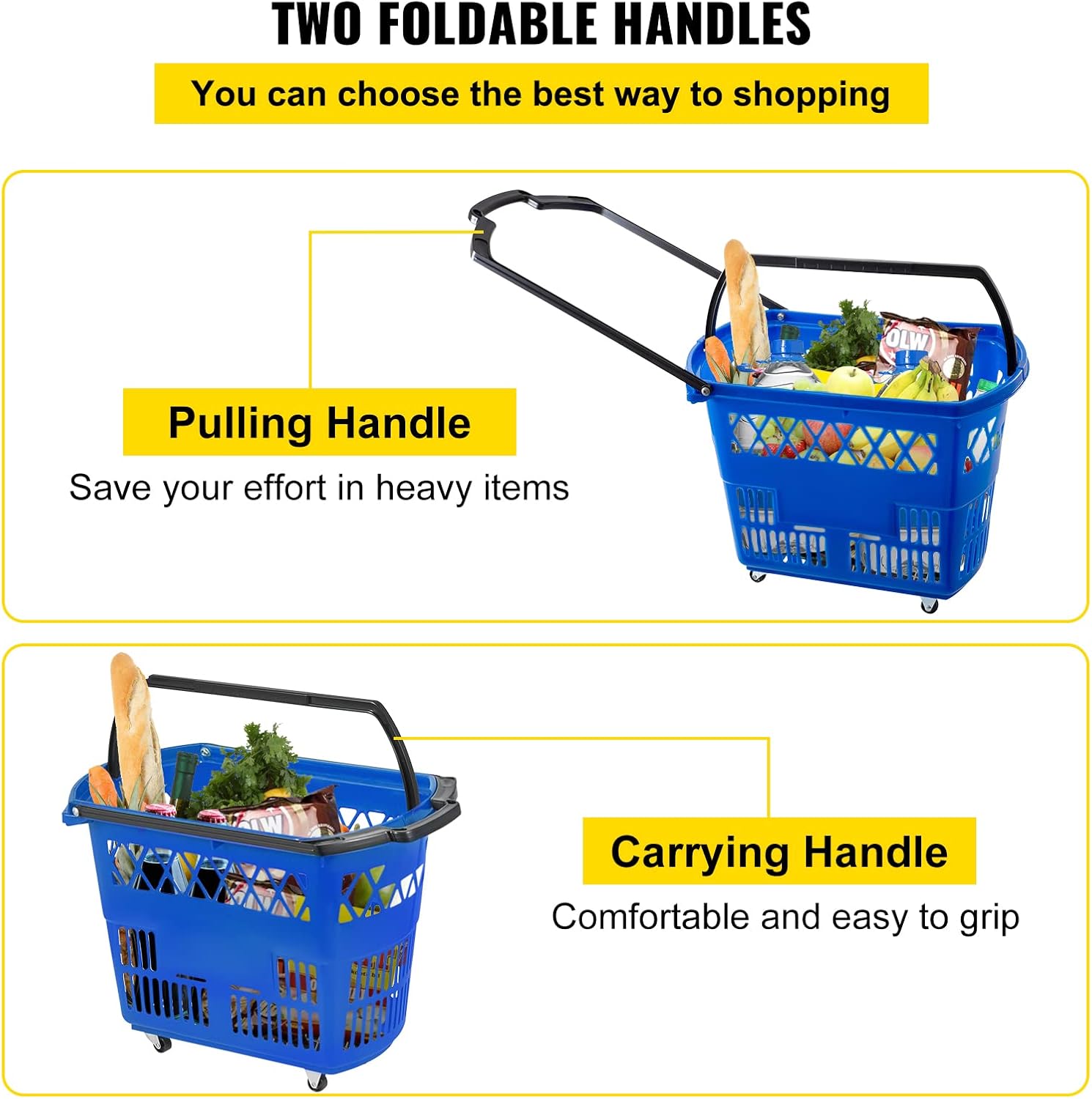 6PCS Shopping Carts, Blue Shopping Baskets with Handles, Plastic Rolling Shopping Basket with Wheels, Portable