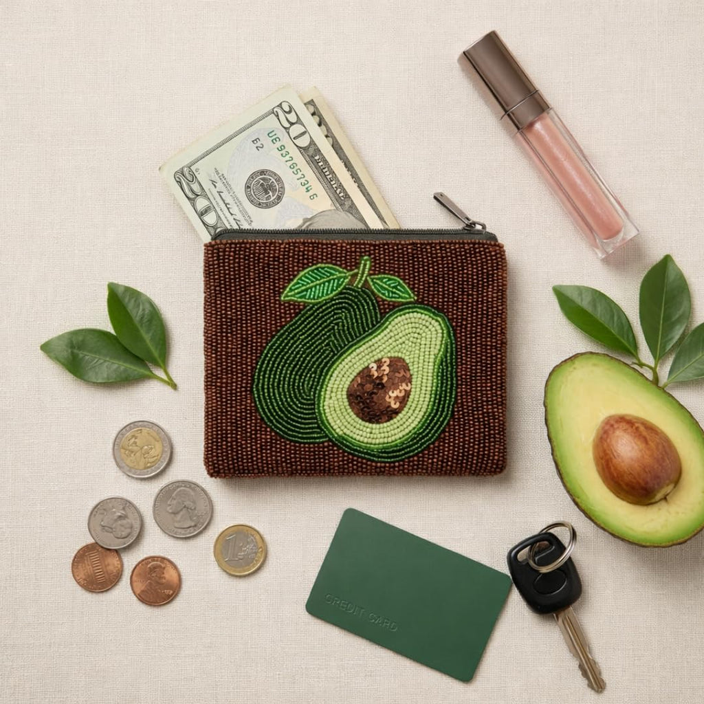 Beaded Coin Purse Change Zipper Pouch Wallet Avocado Design