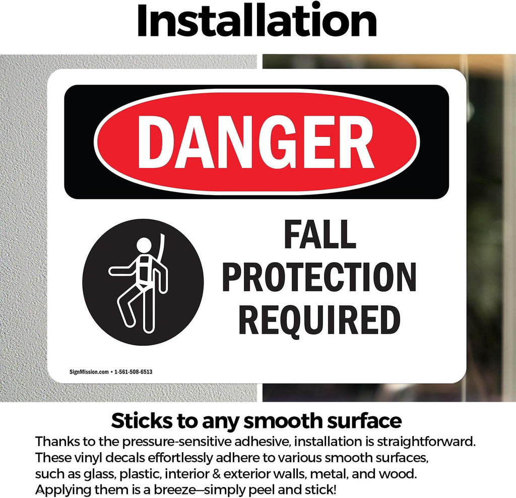 (2 Pack) Fall Protection Required OSHA Danger Sign 5 Inch X 3.5 Inch Vinyl Label Decal Sticker Weather Resistant, UV