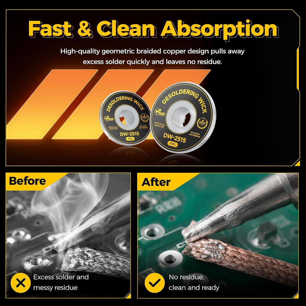 Solder Wick Braid 3-Pack, No-Clean Rapid Absorption Desoldering Wick, 0.1" Width 10ft Length (Total 30ft) Solder Sucker Wire for PCB Circuit Board Repair & Component Disassembly