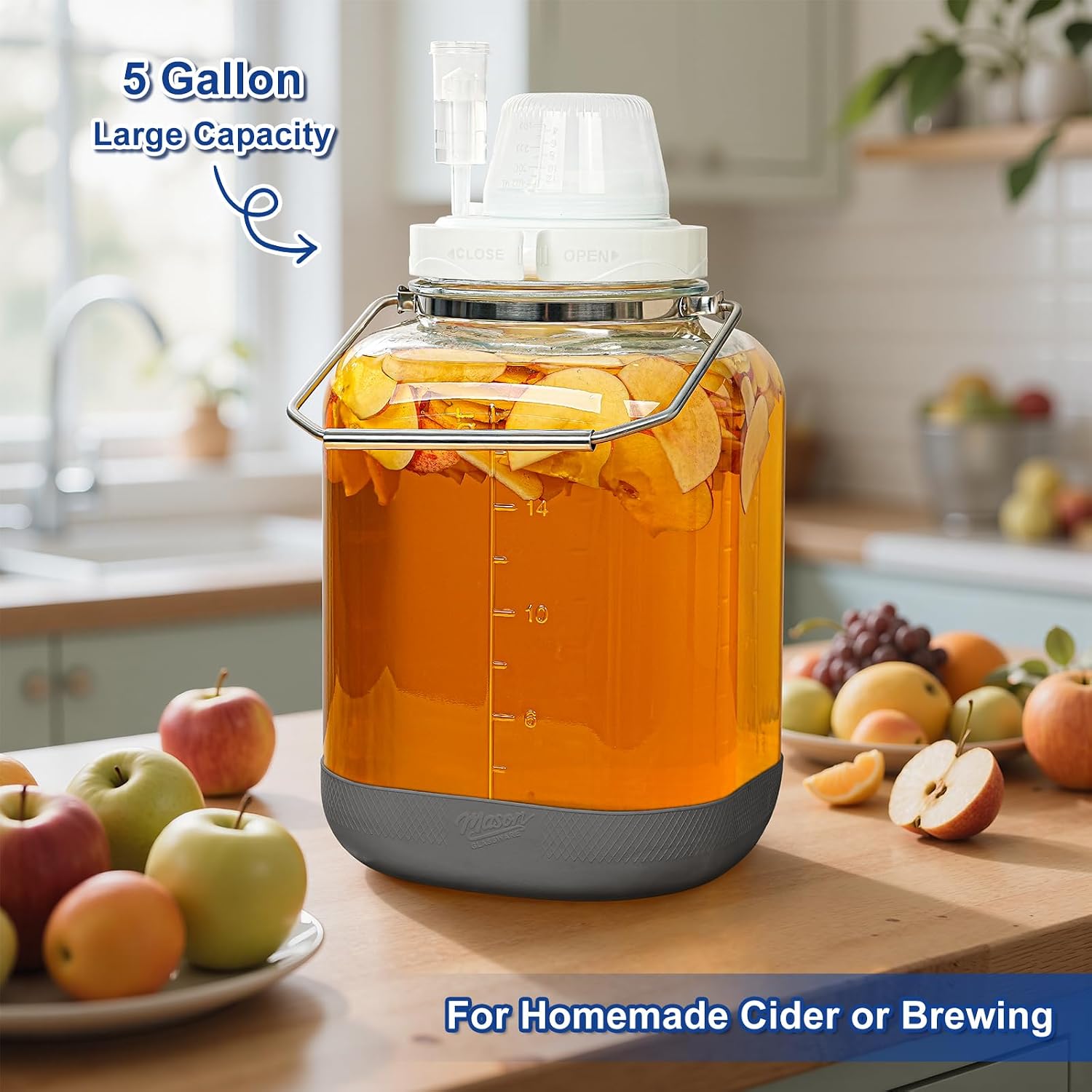 5 Gallon Square Fermentation Jar with Wide Mouth, Stainless Handles, 1 Pack | Airtight Seal, Airlock Included, Quart