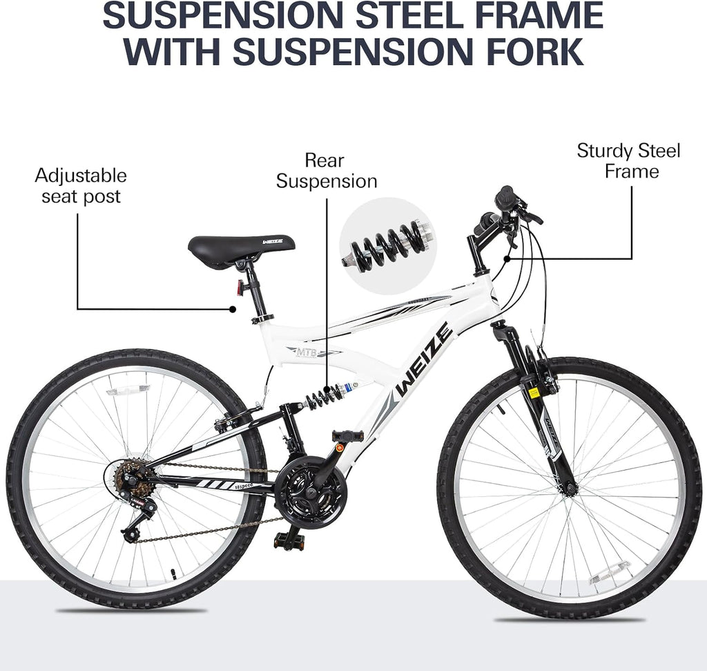 Mountain Bike, 24 26 27.5 inch Outdoor Cycling Bike,18-Speed/High-Carbon Steel/Dual Full Suspension, Adjustable
