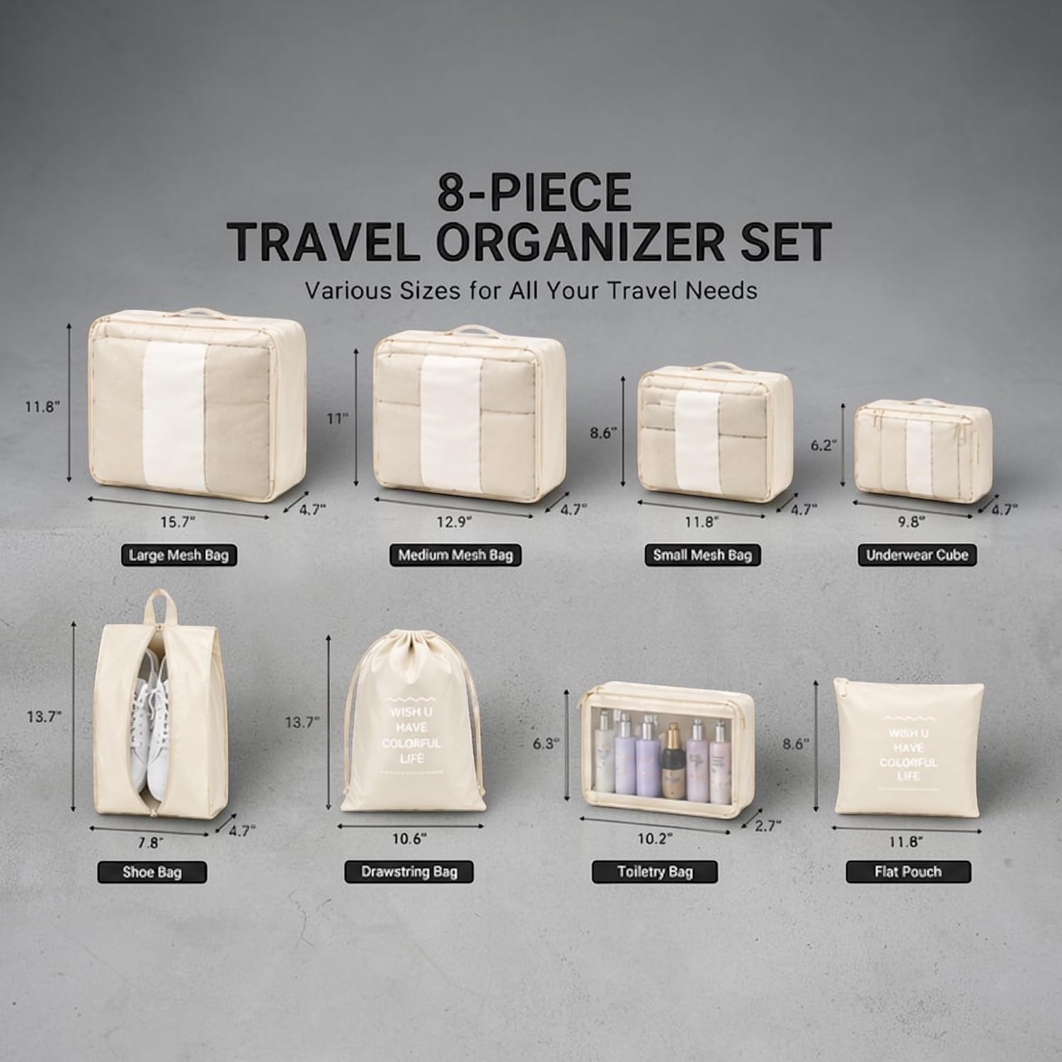 8 Piece Packing Cubes Set for Travel, Luggage Organizer Bags with Shoe Bag, Laundry Bag & Toiletry Pouch, Lightweight
