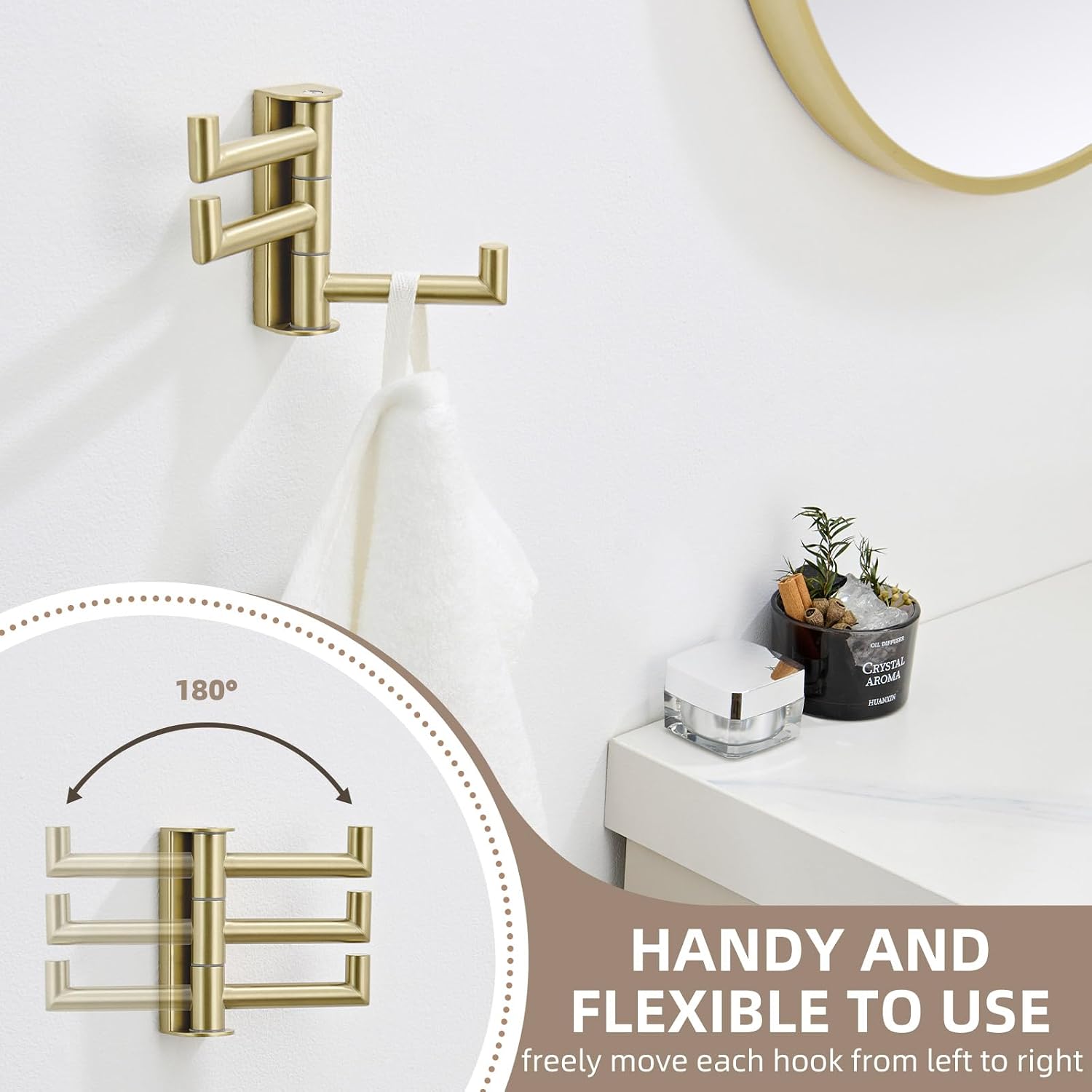 Towel Hook 3 Arms, Swivel Coat Wall Hook, Brushed Gold | Solid SUS304 Stainless Steel, Foldable Robe Towel Holder for