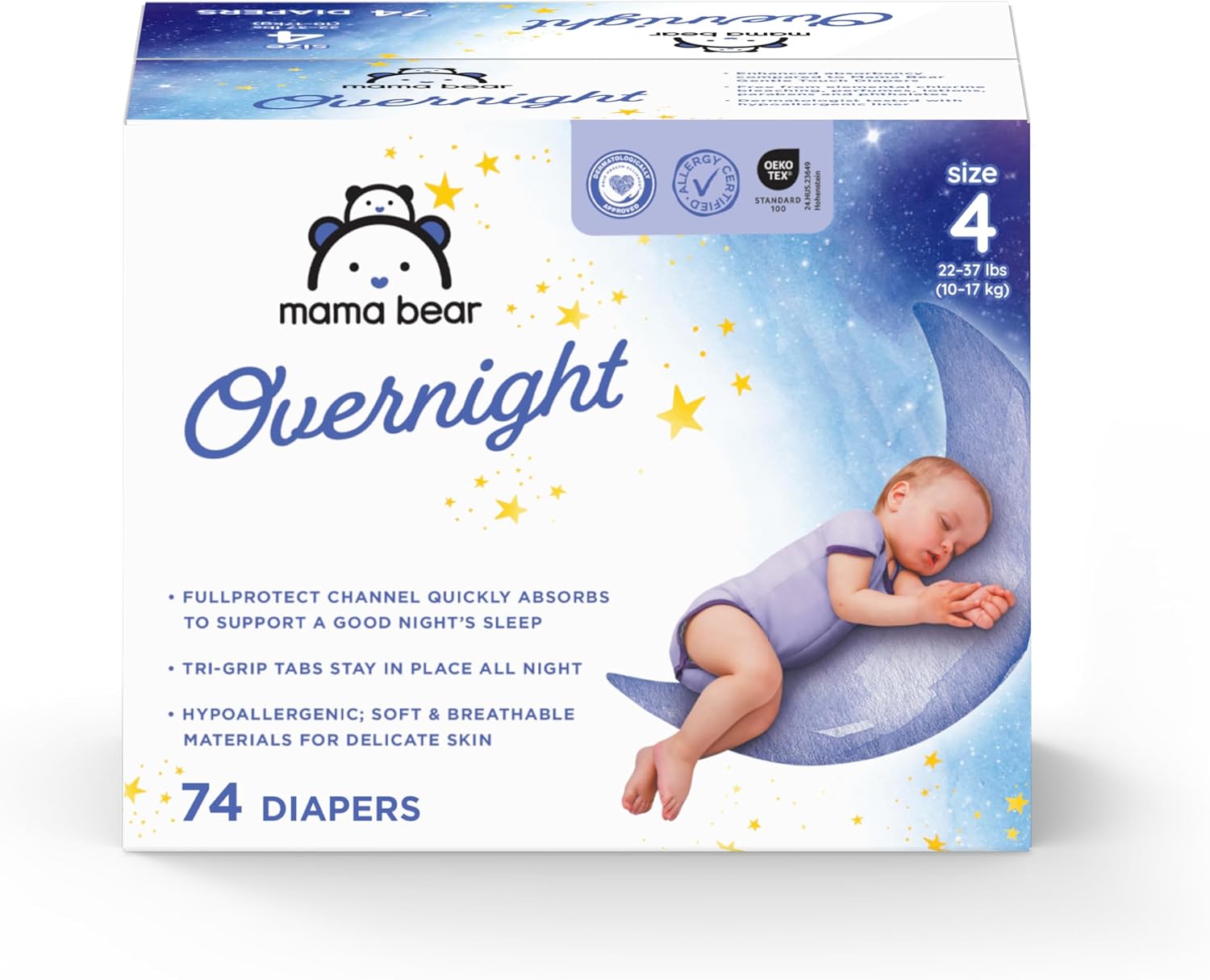 Amazon Brand - Mama Bear Overnight Baby Diapers with Leak Protection, Fragrance-Free, Size 4, 74 Count, Nighttime