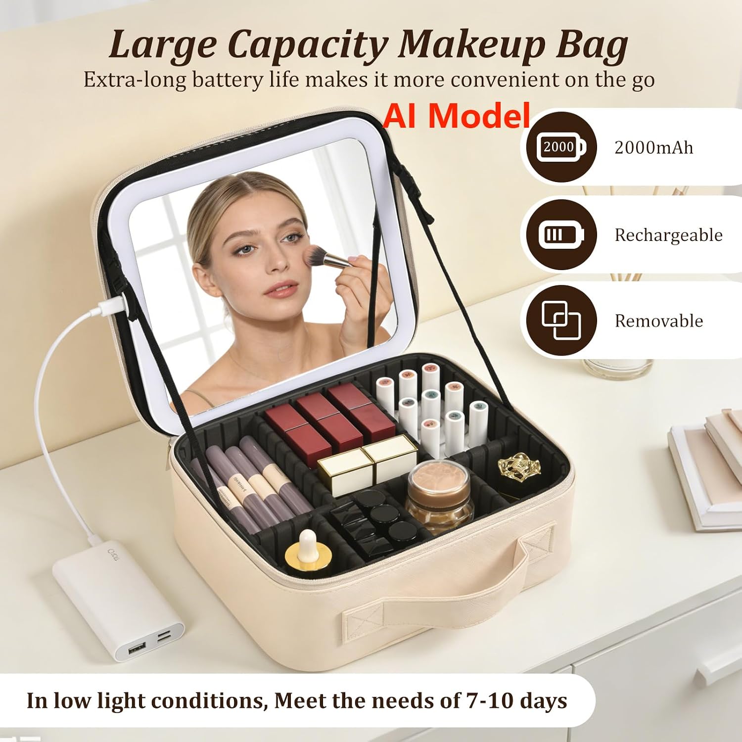 Travel Makeup Bag with Mirror & 8 Adjustable EVA Dividers, Beige | Portable makeup case, detachable mirror with 3