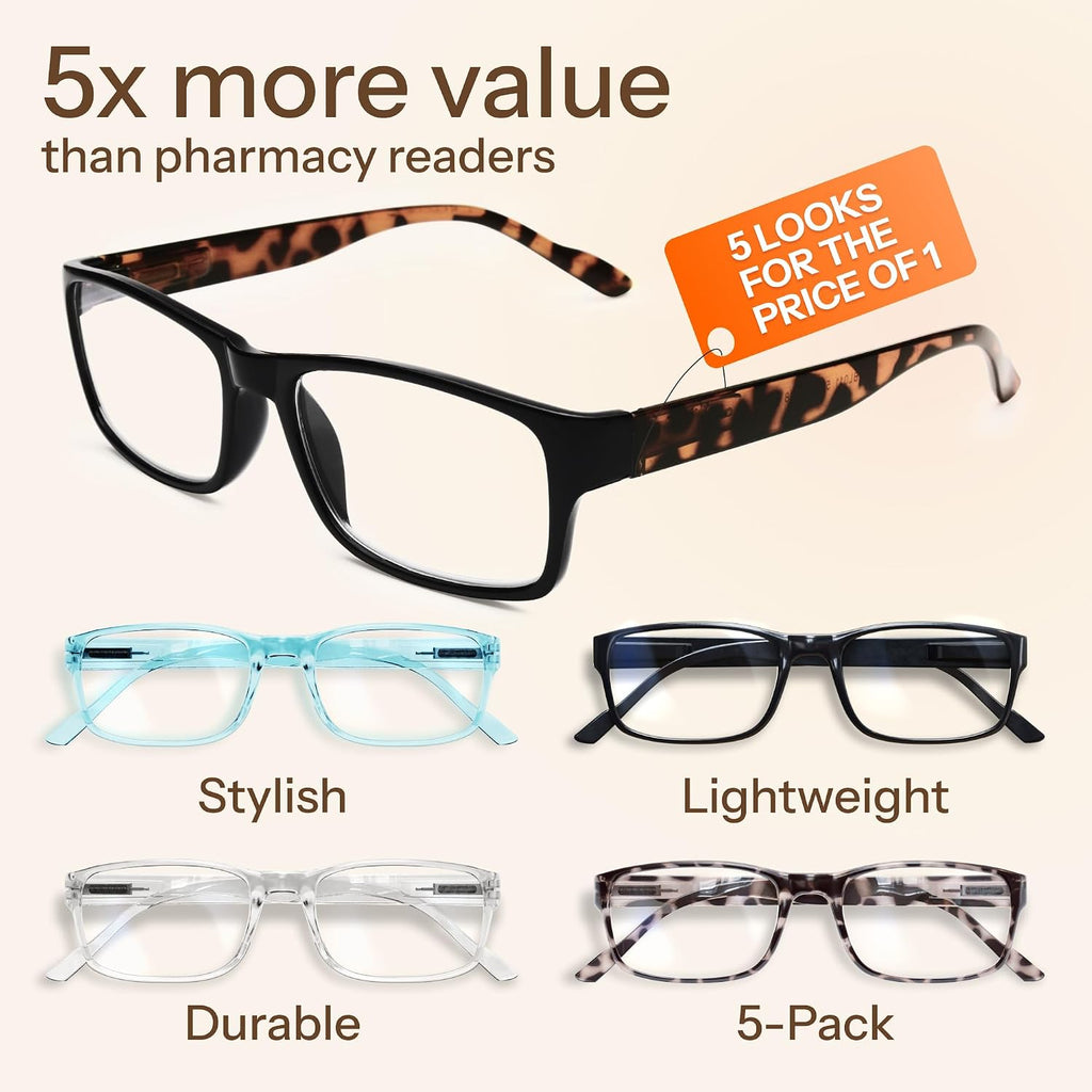 2.0 Professional Reading Glasses for Women for All Day - Computer Readers with Blue Light Protection - Value Pack