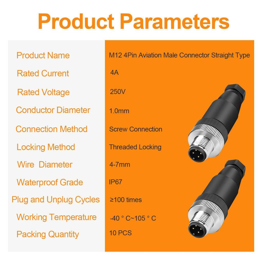10Pcs M12 4-Pin Male Aviation Connector Industrial A-Code Plug Waterproof