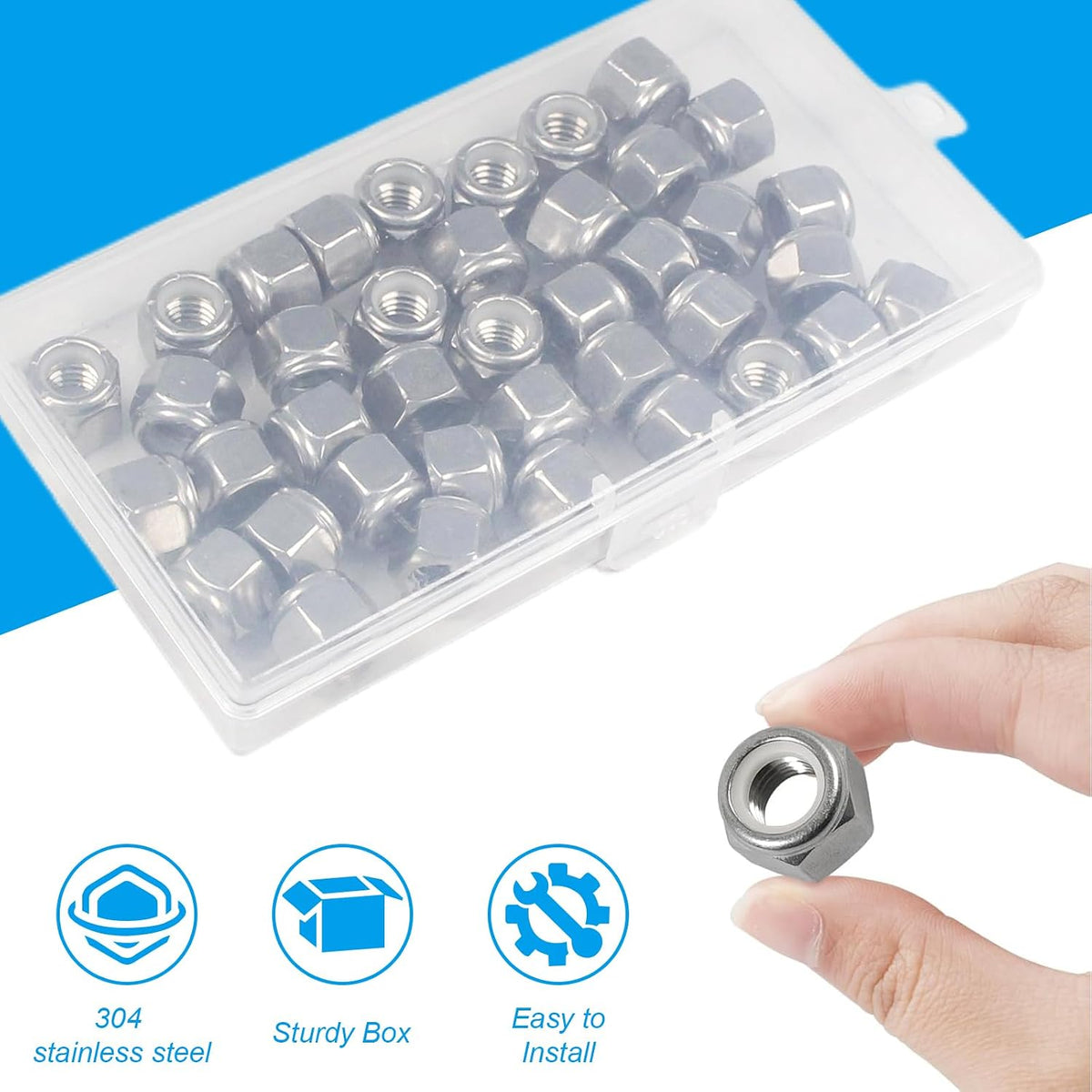 190PCS #6-32 Nylon Insert Hex Lock Nuts,304 Stainless Steel