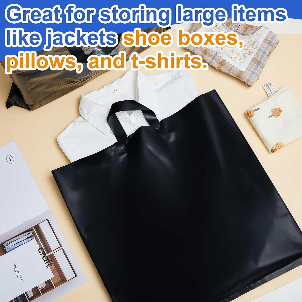 100 Pack 20" x 20" Large Black Plastic Shopping Bags with Handles