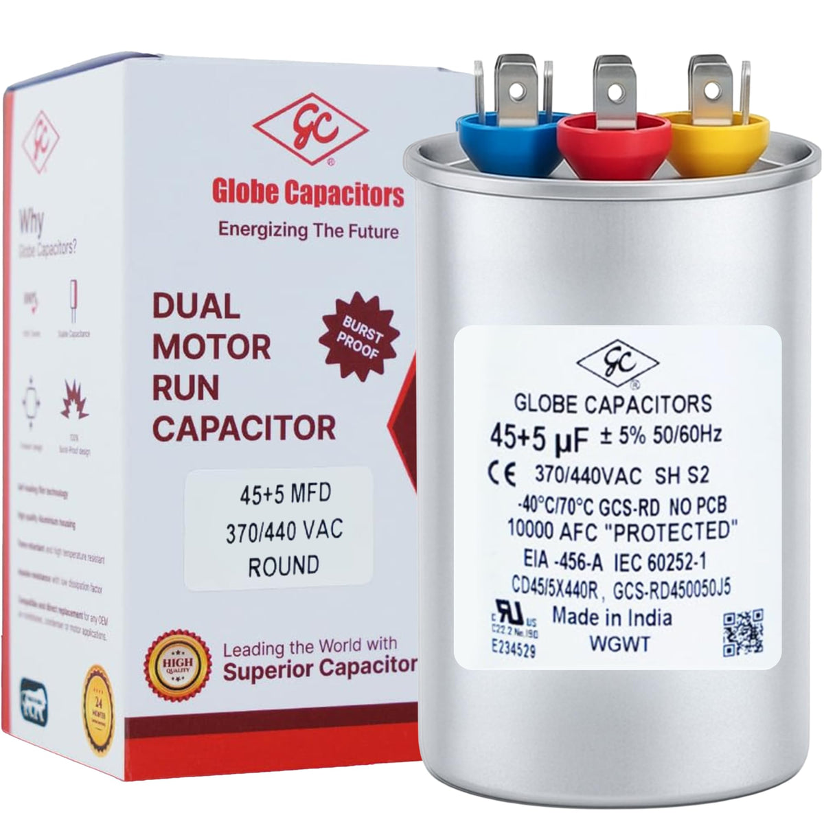 Globe Capacitor, Round Run Start, 45+5MFD CBB65 Dual Element, 370V/440V
