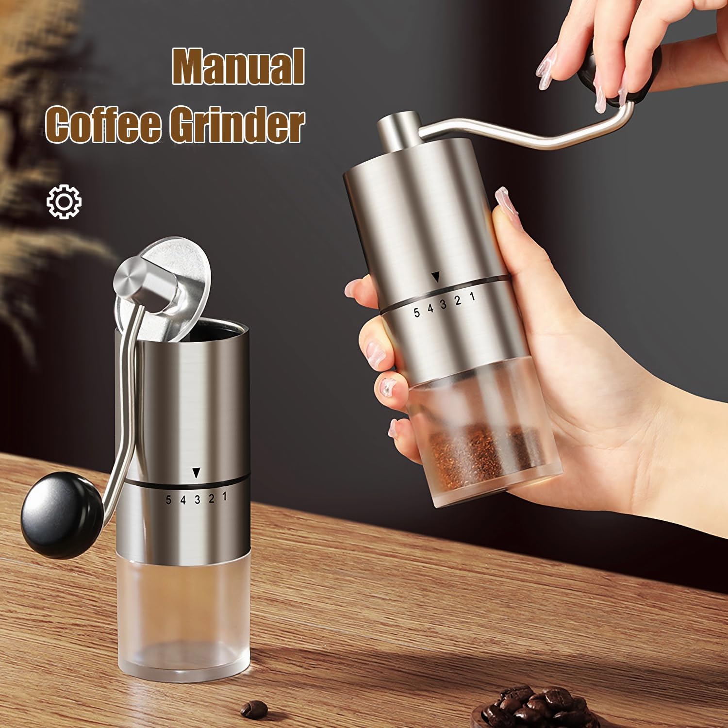 Manual Coffee Grinder, 5 External Settings, Ceramic Conical Burr | External adjustment ring for quick grind changes;