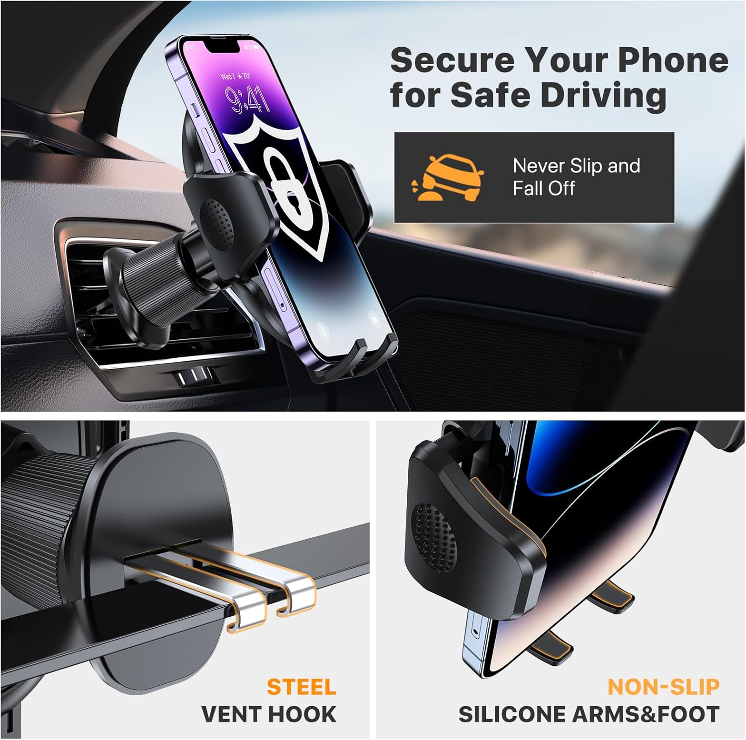 Phone Holders for Your Car with Metal Hook Clip, Air Vent Cell Phone Stand Car Mount, Universal Automobile Cradle for