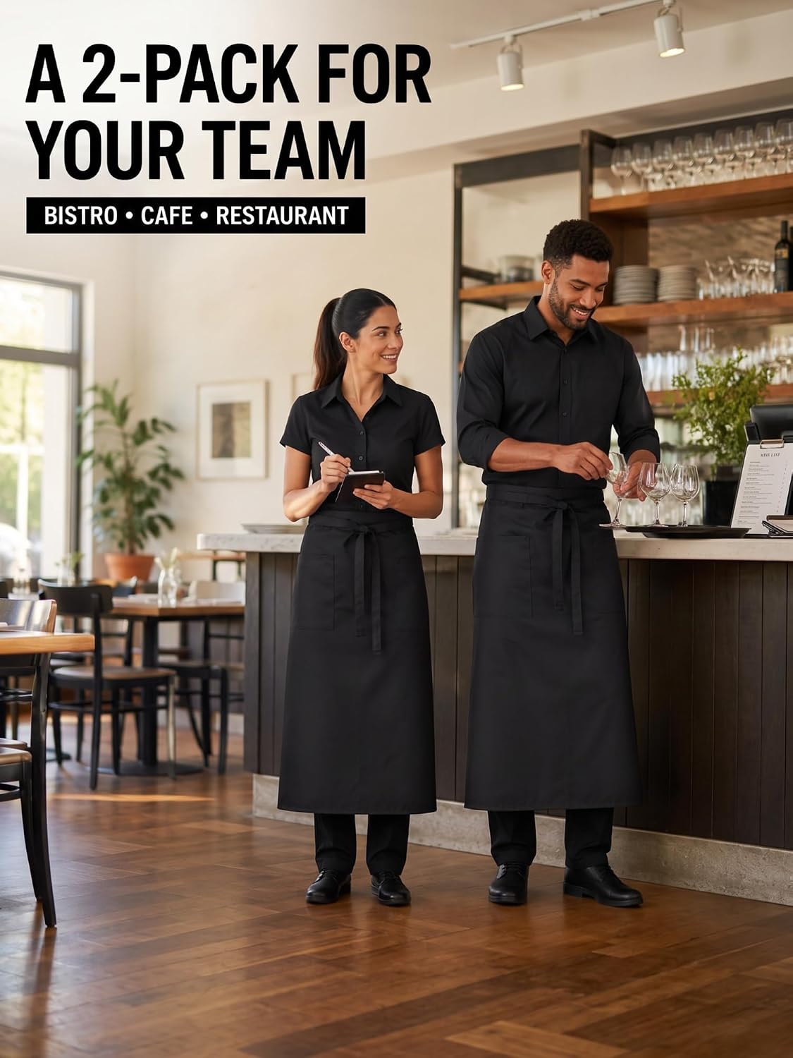 2 Packs Long Bistro Server Aprons with Two Pockets Black
