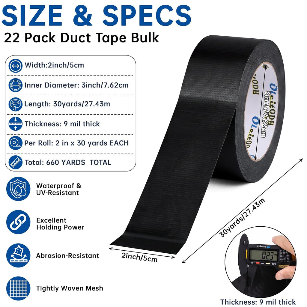 Black Duct Tape Bulk, 2 Inches x 30 Yards, 22 Pack