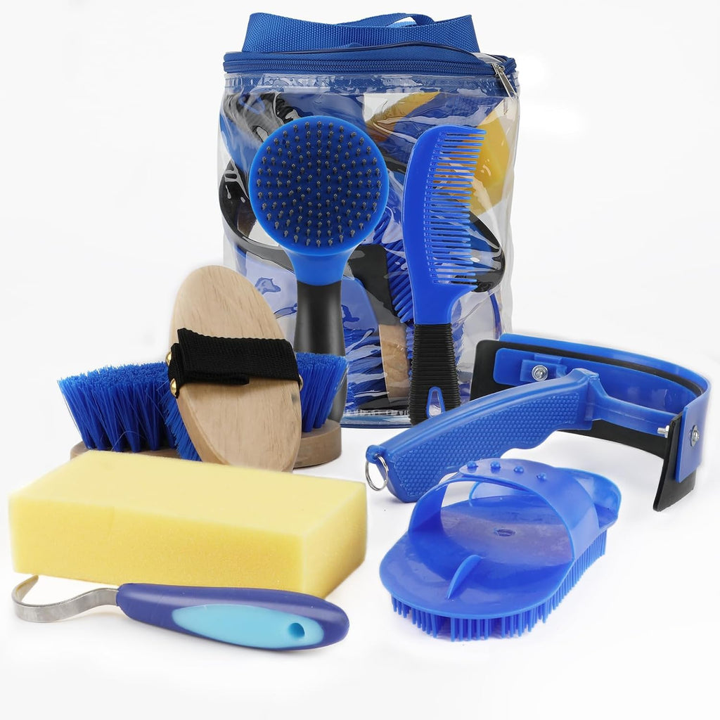 Horse Grooming Kit, 9-Piece Horse Brush Set with Tote Bag, Blue