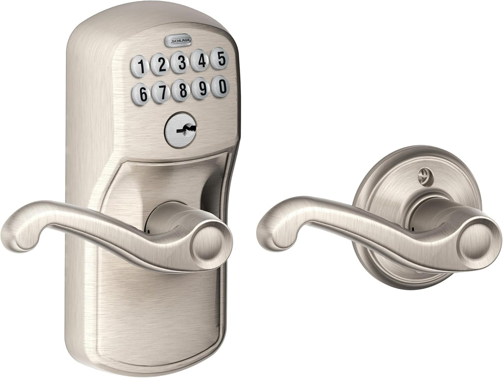 Electronic Keypad Lock, Lever Handle, Camelot Trim, Satin Nickel | Keypad door lock with handle, Keyless entry, Push